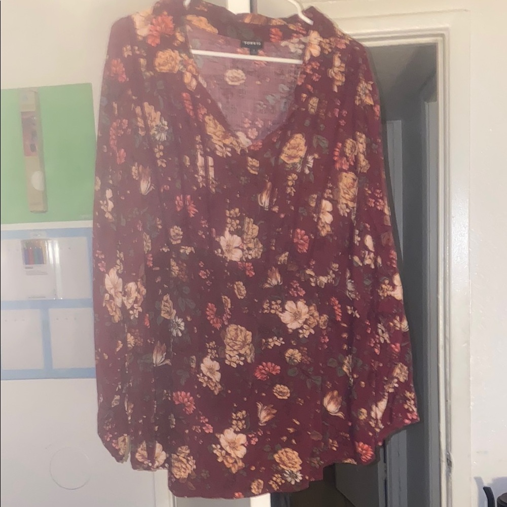 Torrid Maroon Blouse with Notched Collar and Long Sleeves